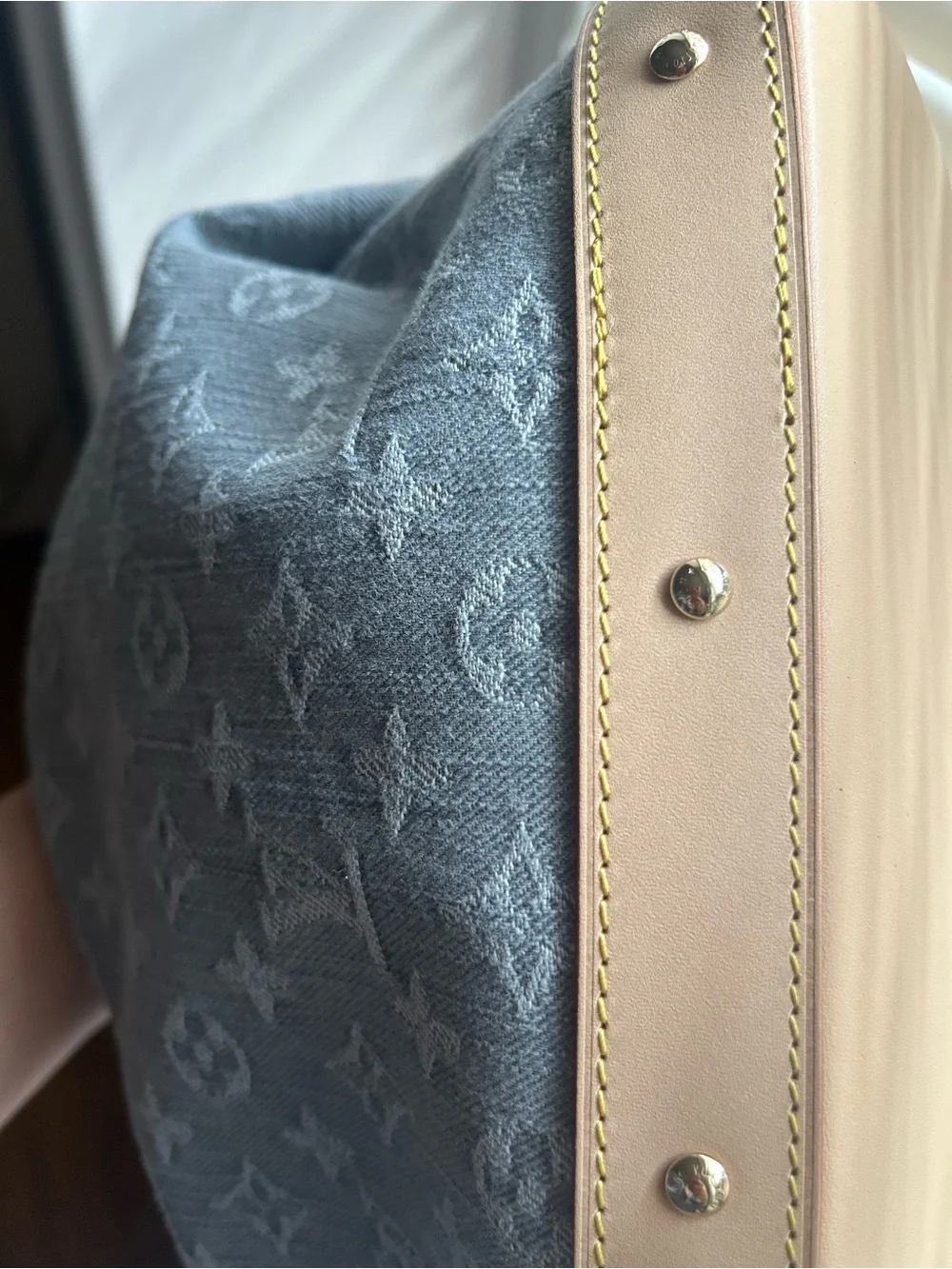 Louis Vuitton Gray Wash Denim Monogram Cosmetic Pouch w/ Natural Leather Trim GM